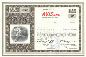 Avis, Inc - 1970's dated Car Rental Company Stock Certificate - Owner of Zipcar and Budget Rental