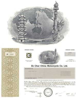 Ek Chor China Motorcycle Co., Ltd. - Statue of Liberty and Chinese Pagoda Vignette - 2001 dated Chinese and Bermudian Stock Certificate - Fully Issued