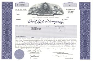 Ford Motor Co. - Rare Type - 2002 dated Fully Issued Automotive Stock Certificate