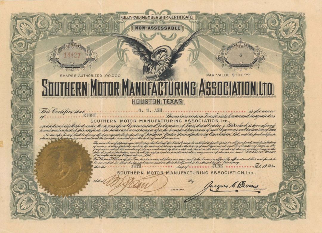 Southern Motor Manufacturing Association, Ltd. - 1920 dated Stock Certificate