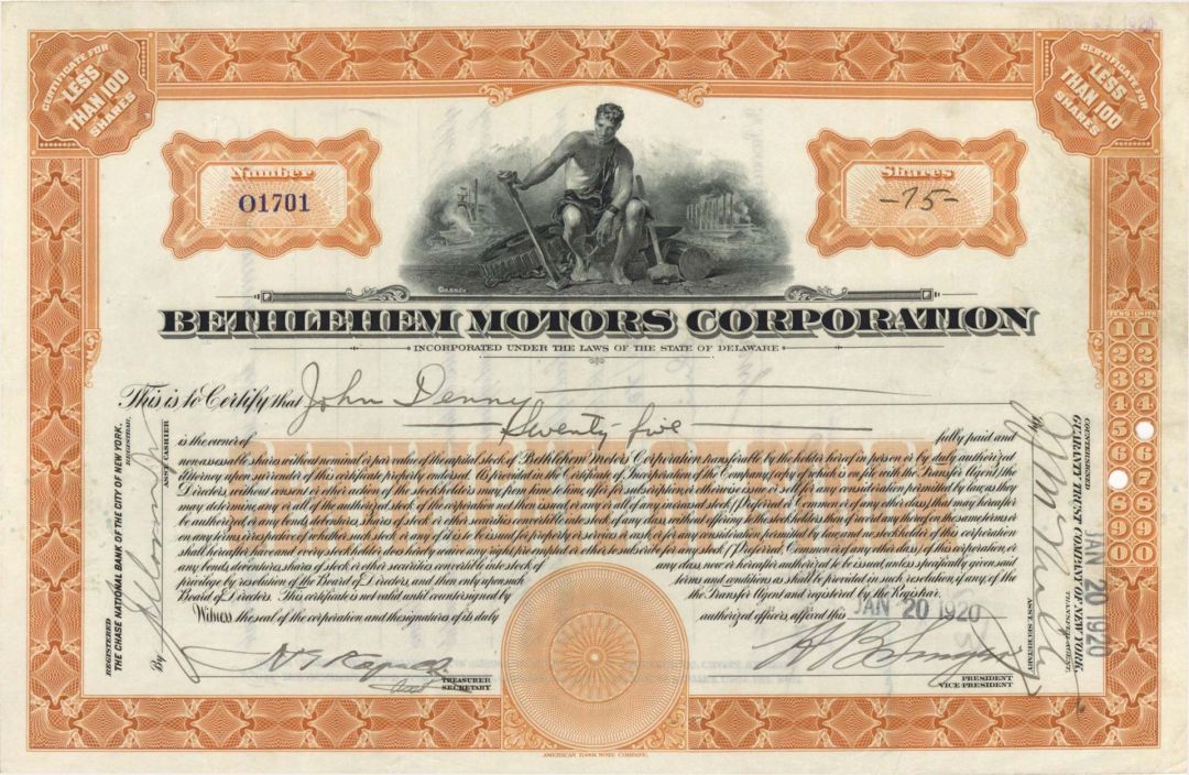 Bethlehem Motors Corporation - 1920 dated Automotive Stock Certificate