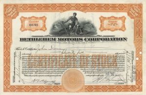 Bethlehem Motors Corporation - 1920 dated Automotive Stock Certificate