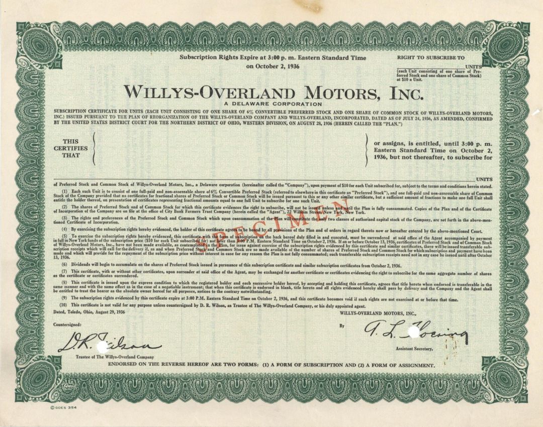 Willys-Overland Motors Inc - Specimen Automobile Stock Certificate