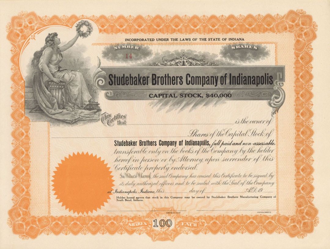 Studebaker Brothers Co. of Indianapolis - Unissued Automotive Stock Certificate