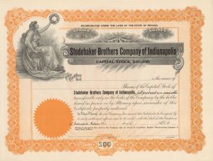 Studebaker Brothers Co. of Indianapolis - Unissued Automotive Stock Certificate
