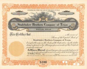 Studebaker Brothers Co. of Texas - Unissued Stock Certificate
