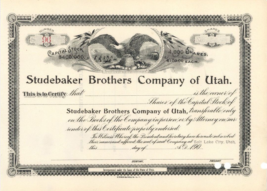 Studebaker Brothers Co. of Utah - Unissued Stock Certificate