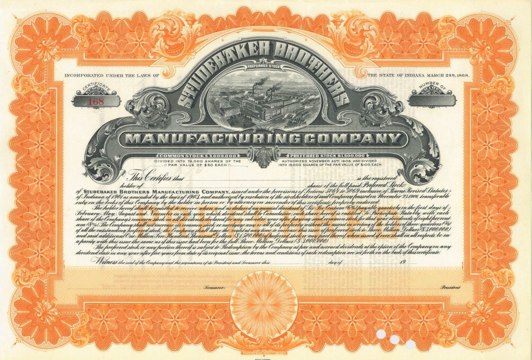 Studebaker Brothers Manufacturing Co. - Stock Certificate