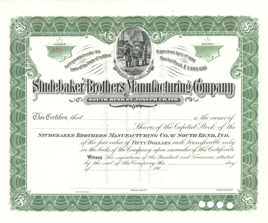 Studebaker Brothers Manufacturing Co. of South Bend, Indiana - Unissued Stock Certificate