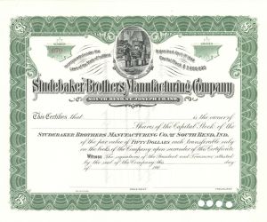 Studebaker Brothers Manufacturing Co. of South Bend, Indiana - Unissued Stock Certificate