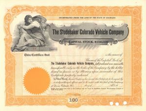 Studebaker Colorado Vehicle Co. - circa 1900's Unissued Automotive Stock Certificate