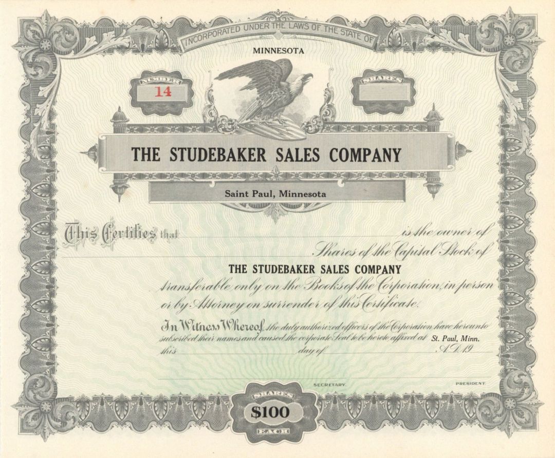Studebaker Sales Co. - Unissued Stock Certificate
