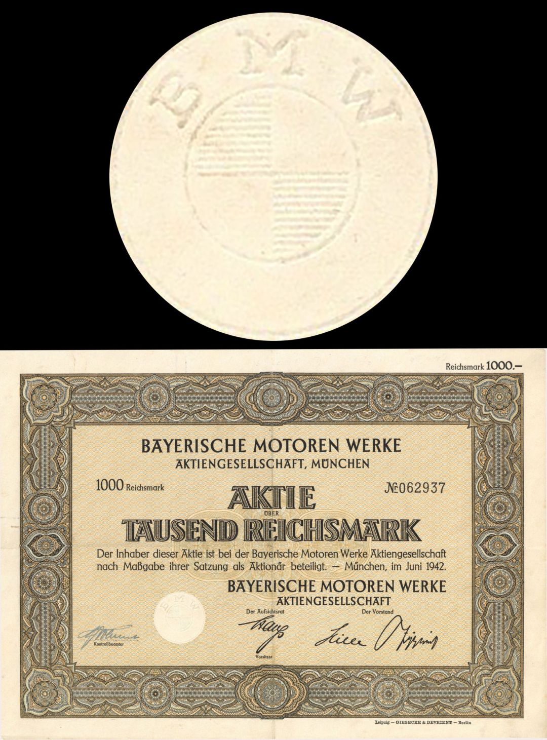 BMW - Bayerische Motoren Werke - 1942 or 1944 dated Stock Certificate (Uncanceled)