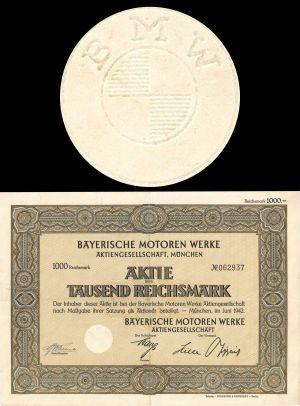 BMW - Bayerische Motoren Werke - 1942 or 1944 dated Stock Certificate (Uncanceled)