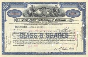 Ford Motor Co. of Canada, Ltd - Automotive Stock Certificate - Less than 100 Share Blue Type