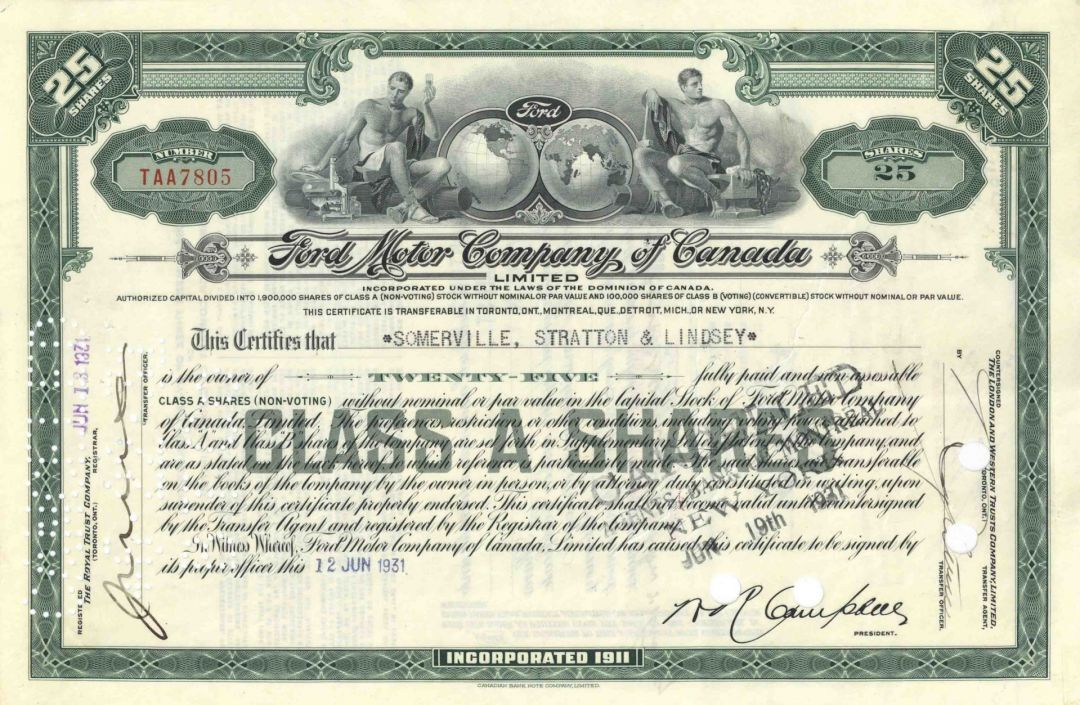 Ford Motor Co. of Canada, Ltd - Automotive Stock Certificate - 25 Share Green Type