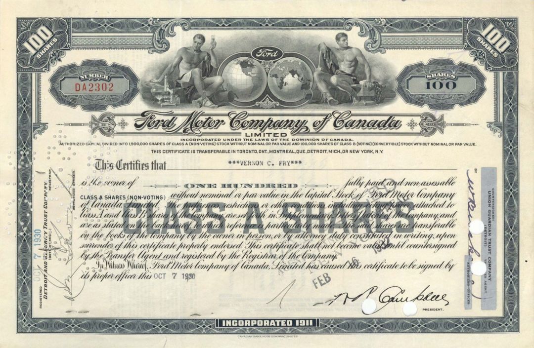 Ford Motor Co. of Canada, Ltd. - 1930 dated Automotive Stock Certificate - 100 Share Blue Type