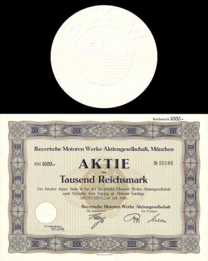 Bayerische Motoren Werke Aktiengesellschaft, Munchen - 1940 or 1941 dated German Automotive Stock Certificate (Uncanceled)
