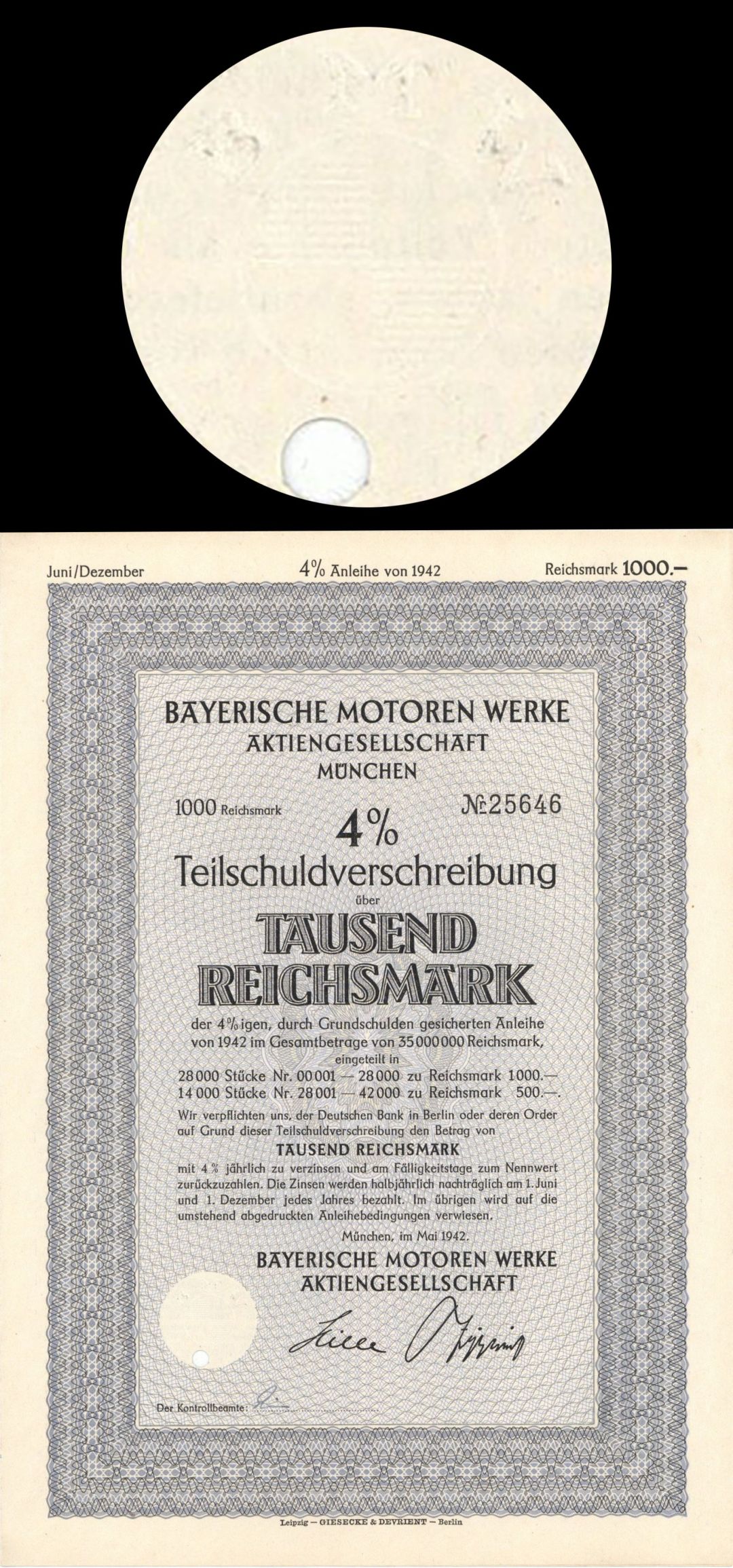 Bayerische Motoren Werke Aktiengesellschaft, Munchen (BMW) - 1942 dated 1,000 Reichsmark Bond (Canceled)