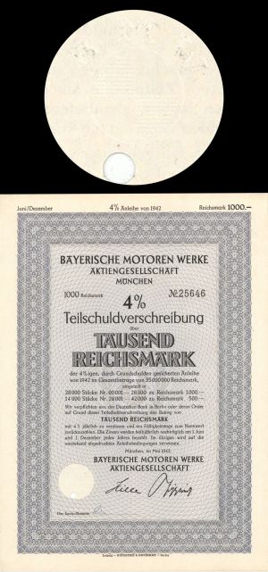 Bayerische Motoren Werke Aktiengesellschaft, Munchen (BMW) - 1942 dated 1,000 Reichsmark Bond (Canceled)