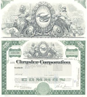 Chrysler Corporation - dated 1980's Automotive Stock Certificate - Now Stellantis North America, Officially FCA US