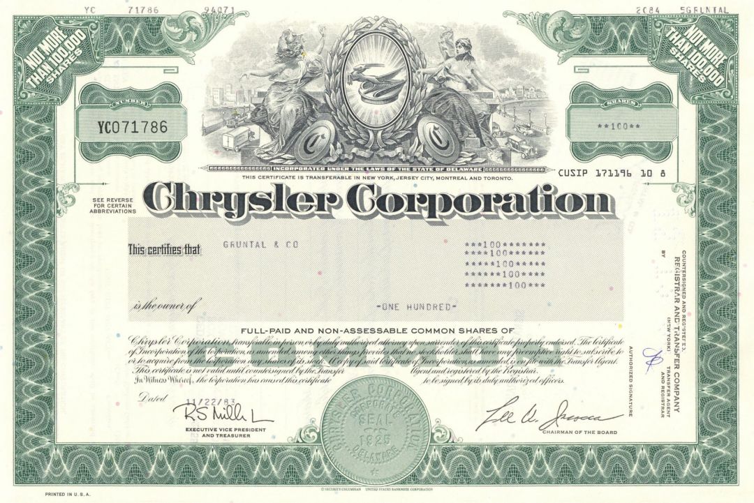 Chrysler Corporation - dated 1980's Automotive Stock Certificate - Now Stellantis North America, Officially FCA US