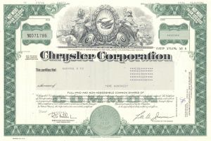 Chrysler Corporation - dated 1980's Automotive Stock Certificate - Now Stellantis North America, Officially FCA US