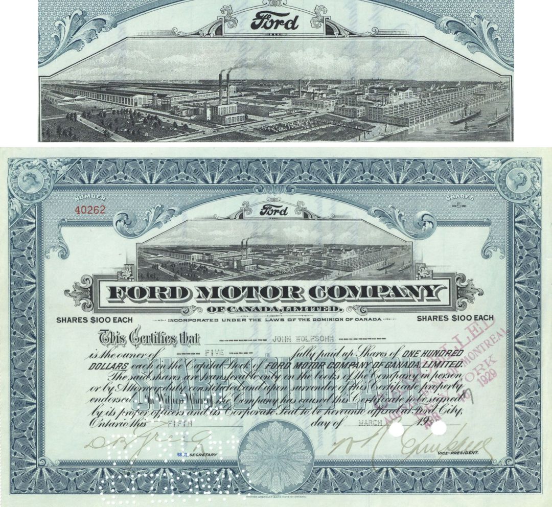 Ford Motor Co. of Canada, Limited - 1928 dated Canadian Automobile Stock Certificate