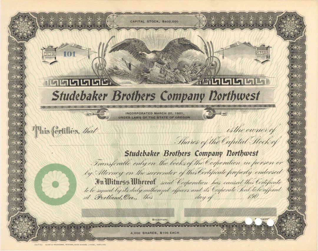 Studebaker Brothers Co. Northwest - Unissued Stock Certificate