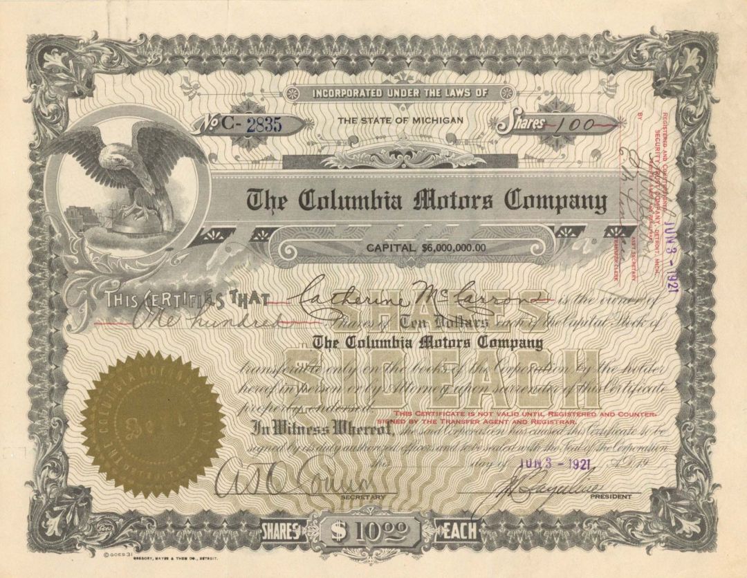 Columbia Motors Co. - 1921 dated Stock Certificate