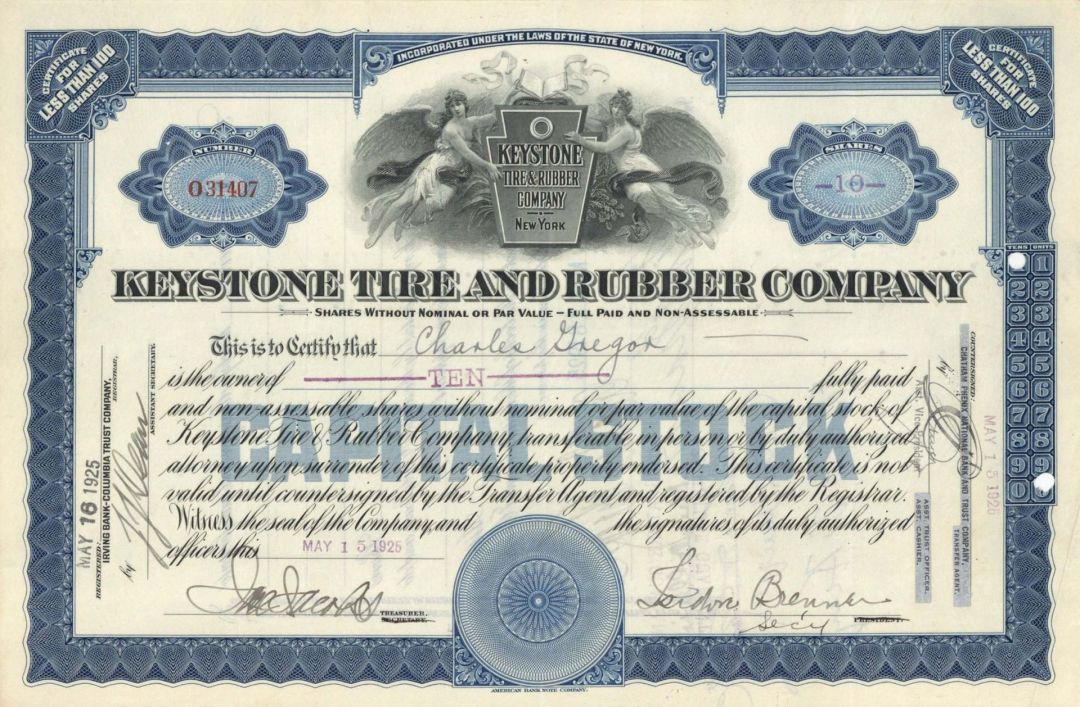 Keystone Tire and Rubber Co. - 1924-1928 dated Stock Certificate