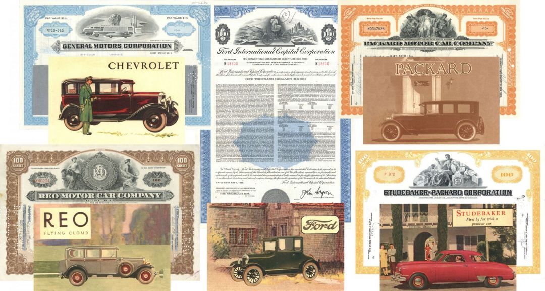 Automotive Set of 5 Automobile Stocks Bonds and 5 Prints - Dated Throughout the 1900's - Famous Car Makers Collection - Collection of 5 Prints, 4 Stocks and 1 Bond