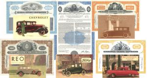Automotive Set of 5 Automobile Stocks Bonds and 5 Prints - 1900's dated Famous Car Makers Collection