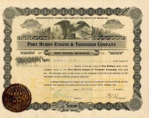 Port Huron Engine and Thresher Co. - Stock Certificate