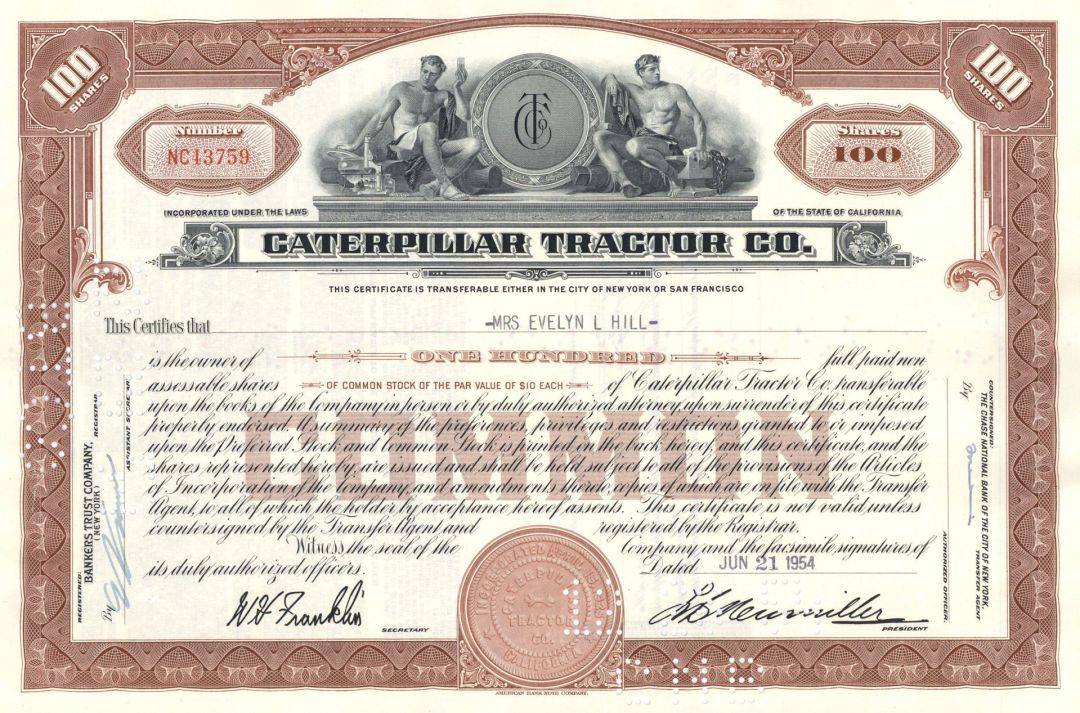 Caterpillar Tractor Co. - CAT - 1940's-50's dated Construction Equipment Stock Certificate