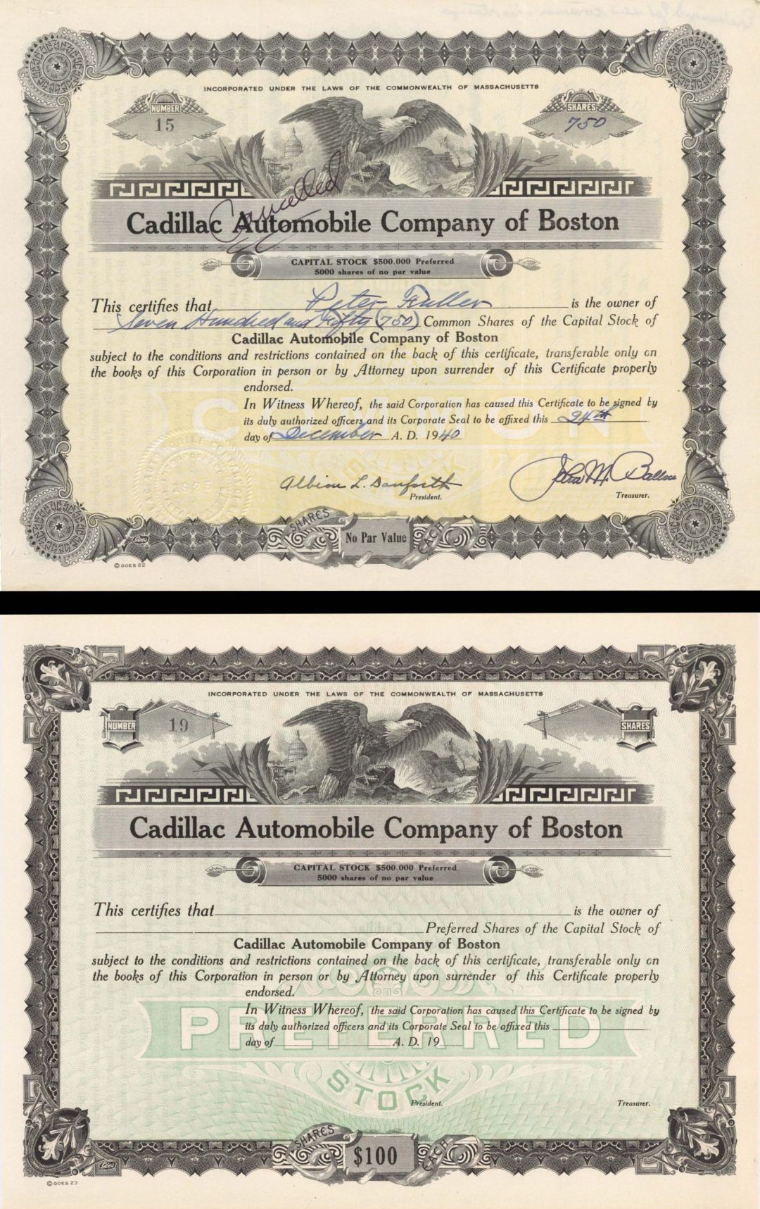 Pair of Cadillac Automobile Co. of Boston - 1940 dated and Unissued Stock Certificates