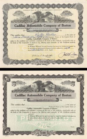 Pair of Cadillac Automobile Co. of Boston - 1940 dated and Unissued Stock Certificates