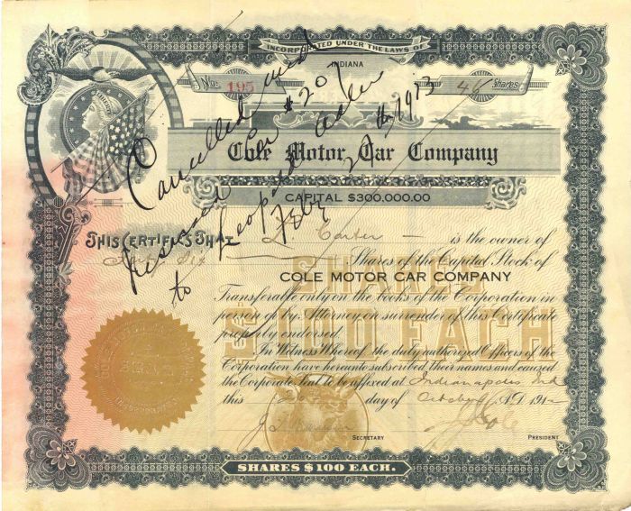 Cole Motor Car Co. - Automotive Stock Certificate