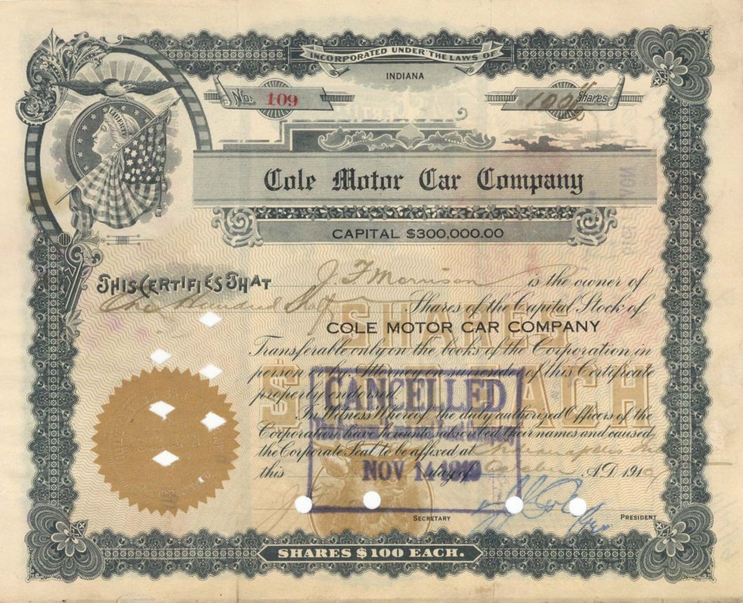 Cole Motor Car Co. - 1910 or 1912 dated Automotive Stock Certificate
