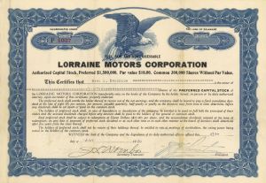 Lorraine Motors Corporation - Automotive Stock Certificate