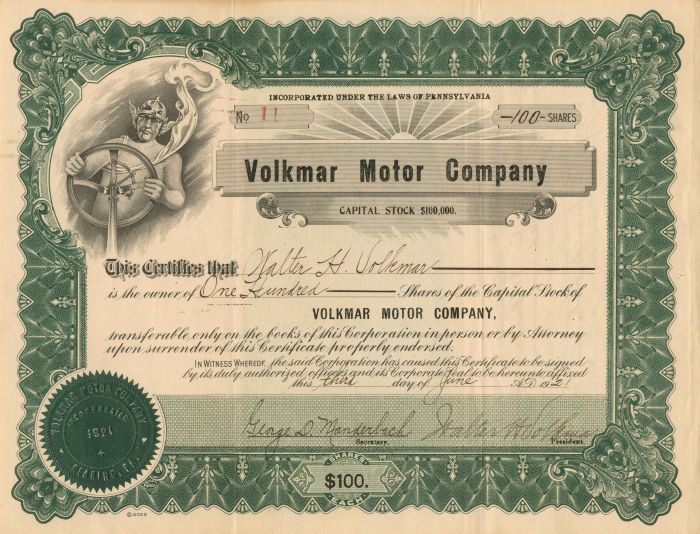 Volkmar Motor Co. - Stock Certificate