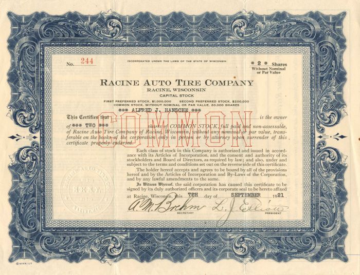 Racine Auto Tire Co. - Stock Certificate