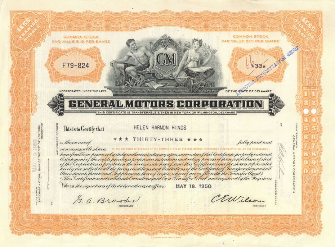 General Motors Stock Certificate - Peach Color Extremely Rare Type - 1950 dated Automotive Stock Certificate