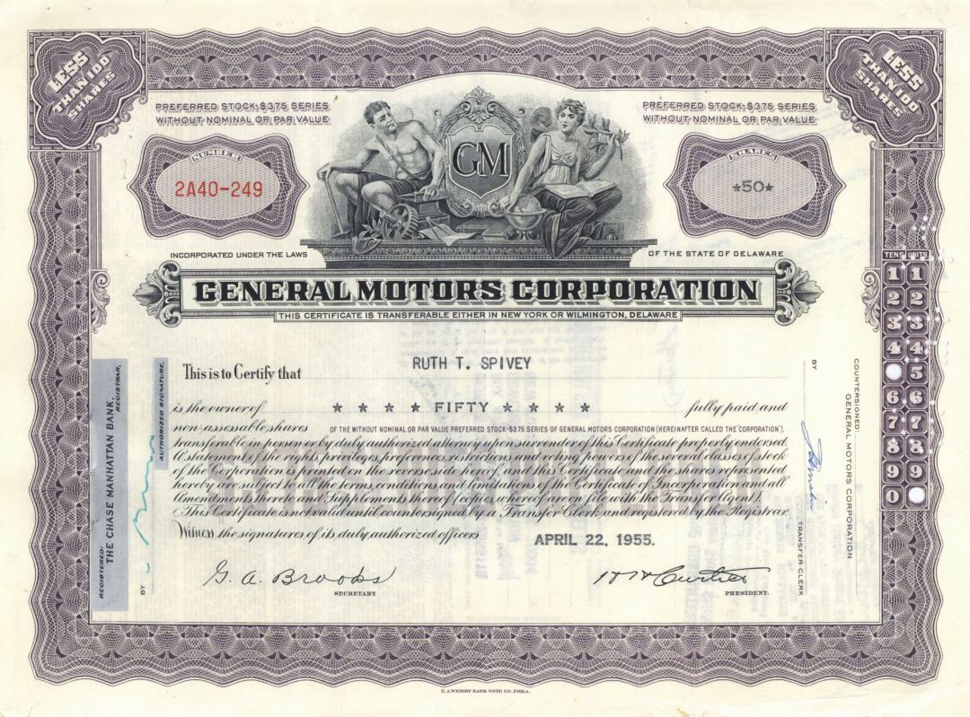 General Motors Stock Certificate - Purple Color Extremely Rare Type - 1955 dated Automotive Stock Certificate