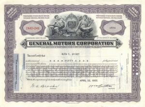 General Motors Stock Certificate - Purple Color Extremely Rare Type - 1955 dated Automotive Stock Certificate