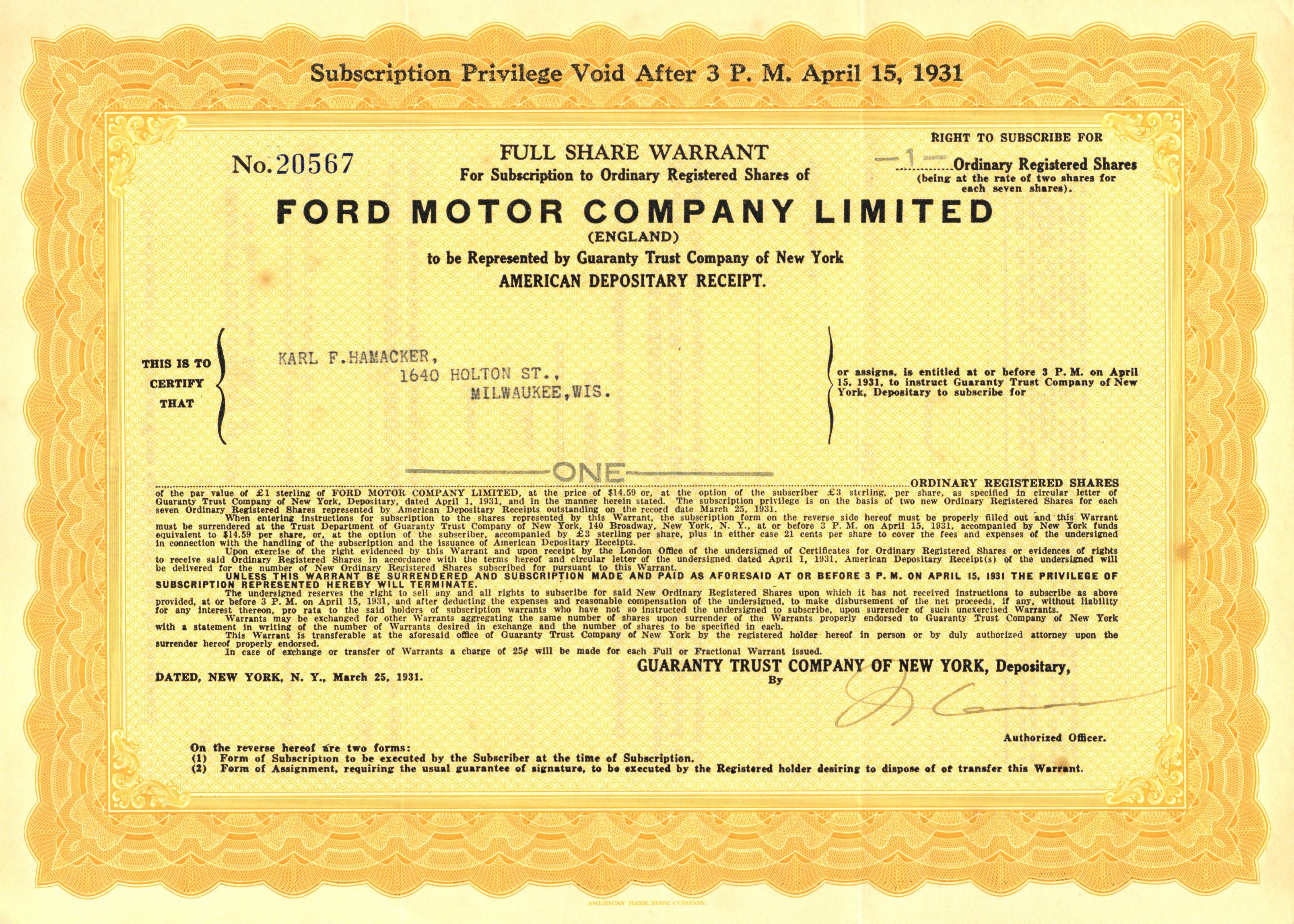 Ford Motor Co. Limited - Stock Certificate