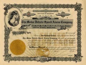 Motor Vehicle Speed Alarm Co. - Stock Certificate