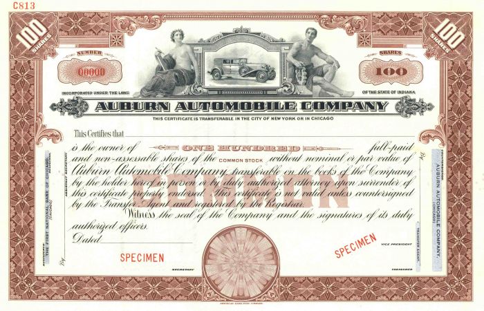 Auburn Automobile Co. - Brown Specimen Stock Certificate