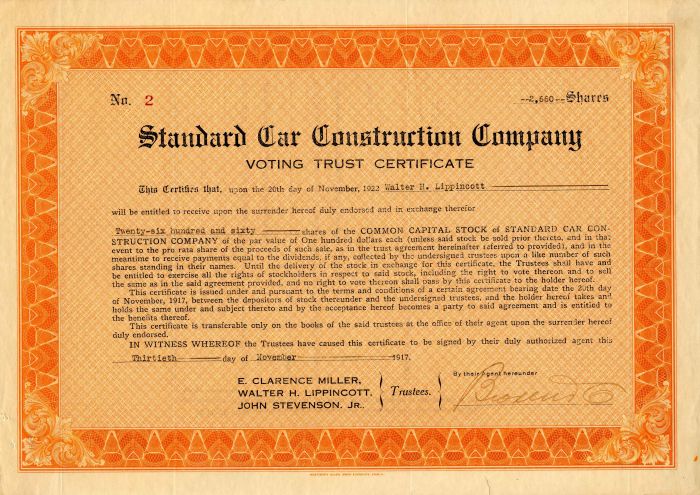 Standard Car Construction Co. - Stock Certificate