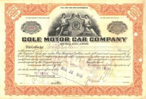 Cole Motor Car Co. signed by Joseph J. Cole - Automotive Stock Certificate